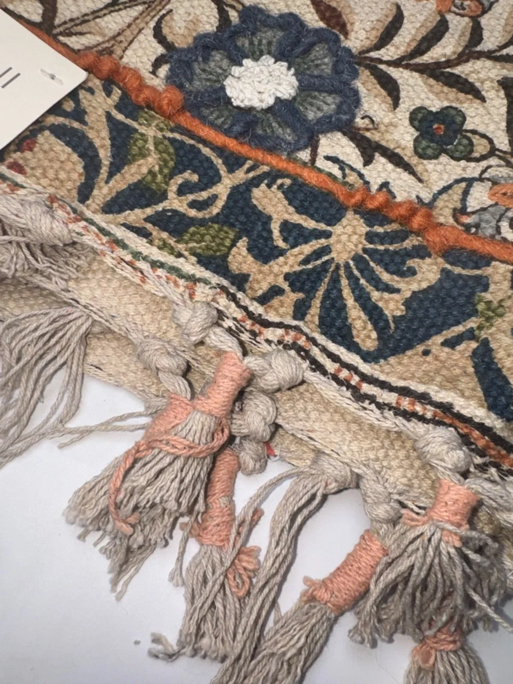 Magaschoni Beige Floral Tapestry Door Mat with Blue and Orange Accents